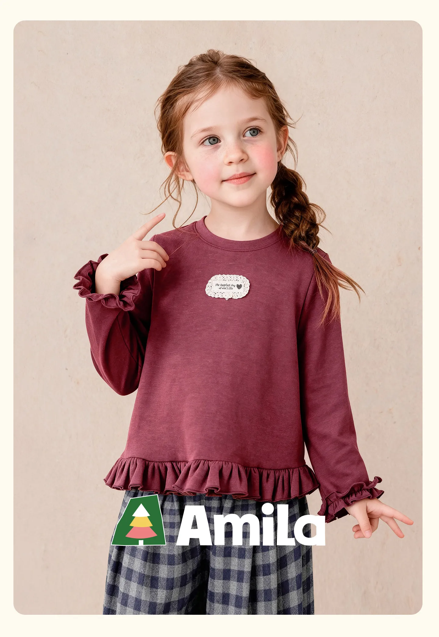 Amila 2026 Herbst Neues Kinder-T-Shirt mit Rundhalsausschnitt, gestapelten Rüschen, Spitze, Stoffetikett, modisch, lässig, bequem, für den täglichen Gebrauch, langärmelig. – Detail 1