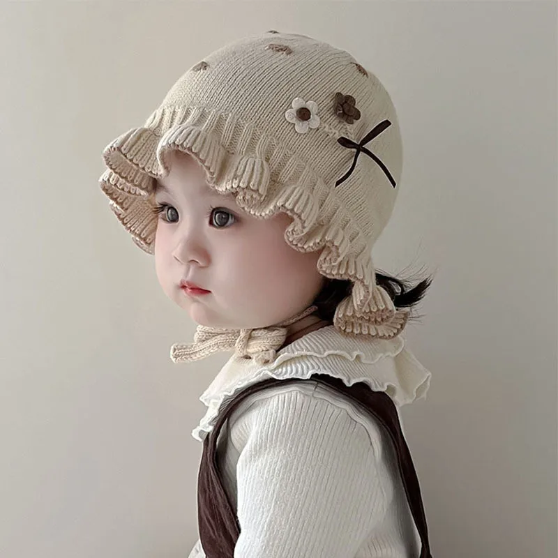 Autumn Winter Baby Girls Toddler Floral Hats With Ruffle Design Casual Caps Headwear