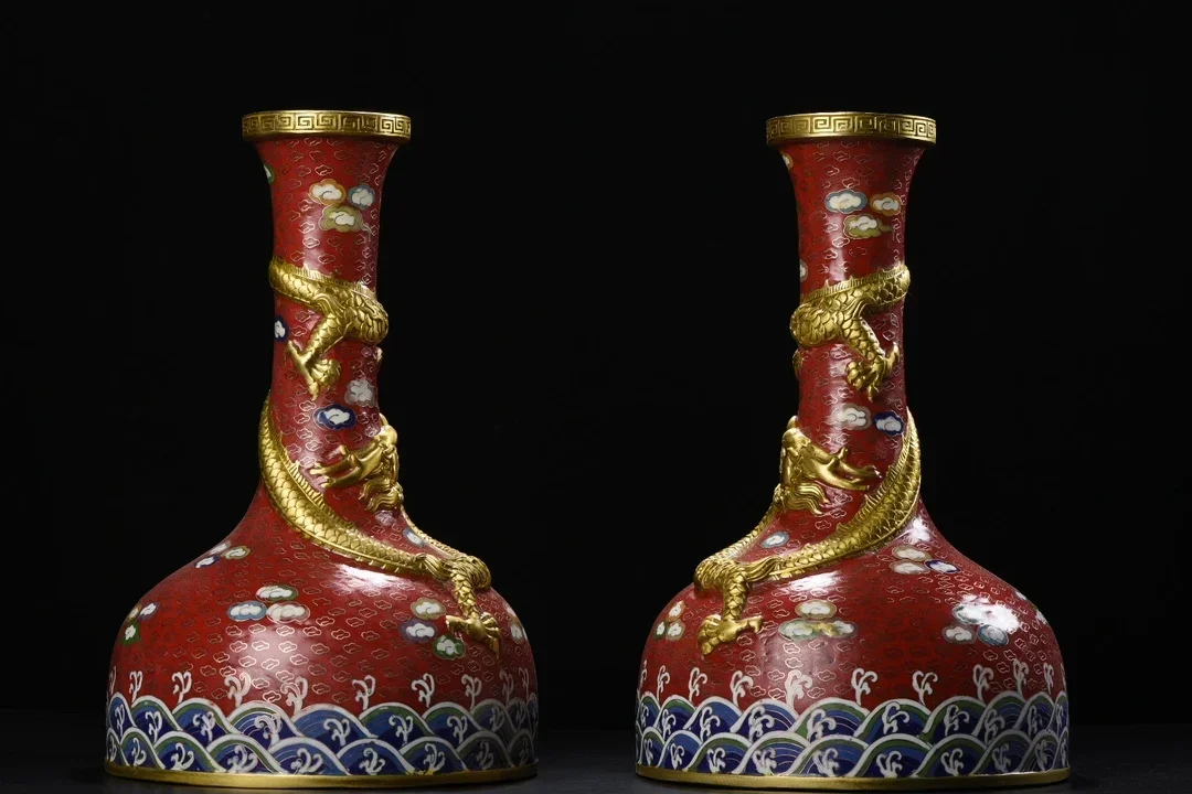 

14"Tibetan Temple Collection Old Bronze Cloisonne Enamel disc Dragon Cloud Pattern Glass shape Bottle Vase A pair Ornaments