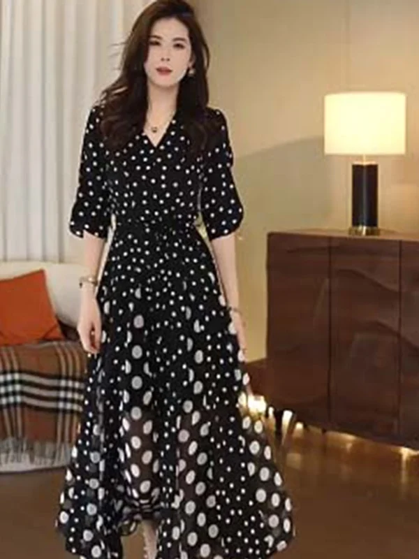 

Elegant Summer Polka Dot V-neck Dress Waist-cinching Tie-waist High-waisted A-line Skirt Polyester Fiber Short Sleeve
