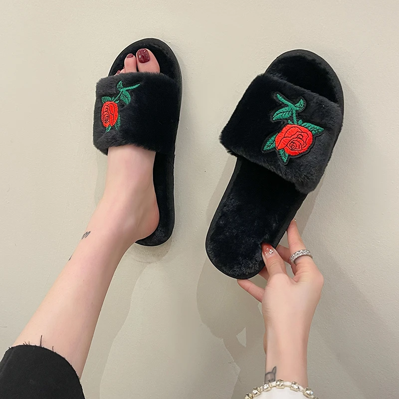 Women Autumn Winter Rose Flower Embroidery Furry Fur Slippers Fluffy Faux Fur Slides Warm Plush Slippers open-toe House Shoes view 3