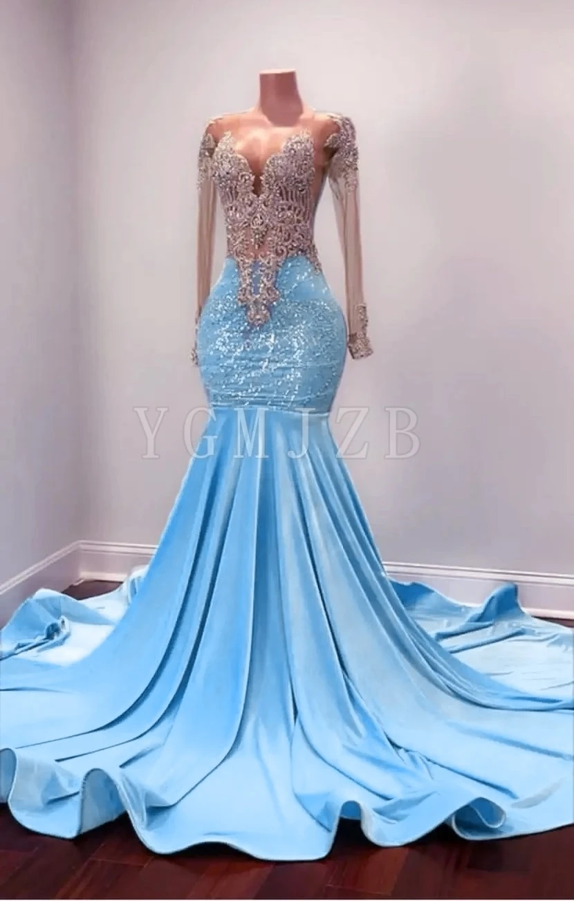 

Light Blue Velvet Long Prom Dresses 2025 Luxury Black Girls Bead Rhinestones Formal Evening Party Birthday Gowns Customized