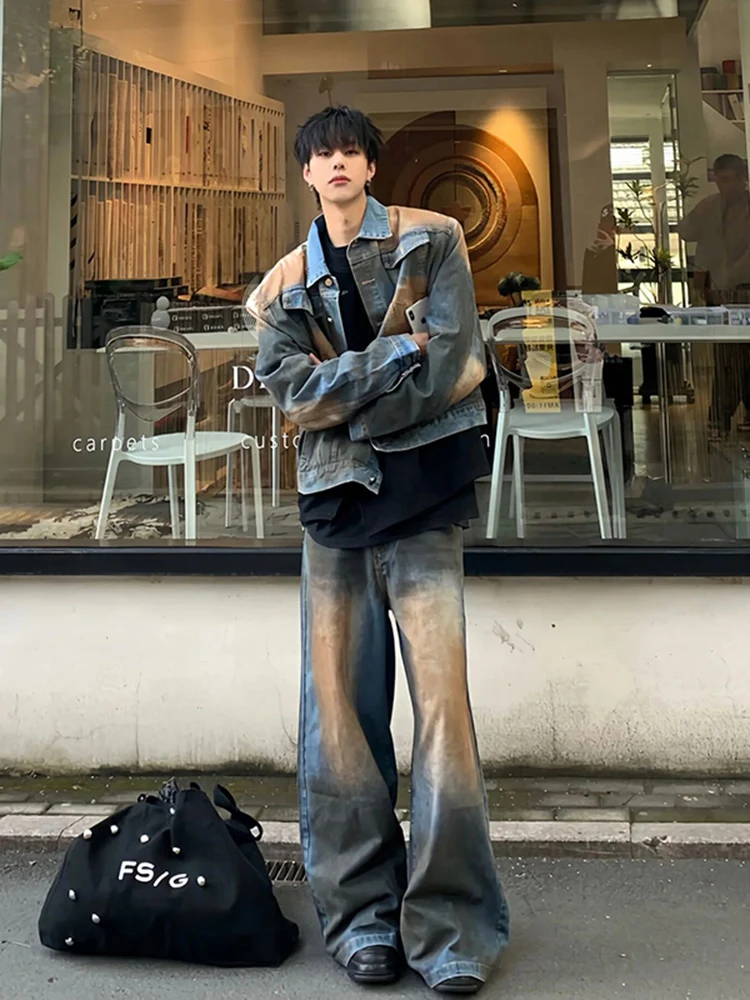 

High Street Tie Dye Denim Jaet Men's American Sle Cool Streetwear Spring Autumn High End Feeling Guangzhou Baseball orm