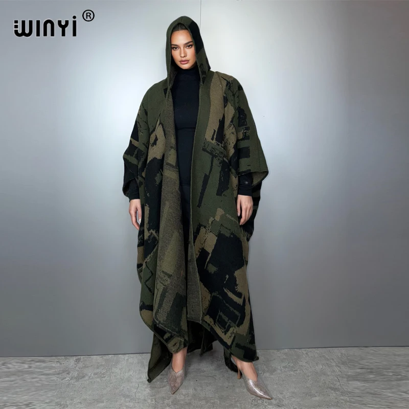WINYI Winter print coat outfits Women cardigan fashion tassels dress Loose Thick Warm Female kaftan poncho Hooded mop coat Abaya