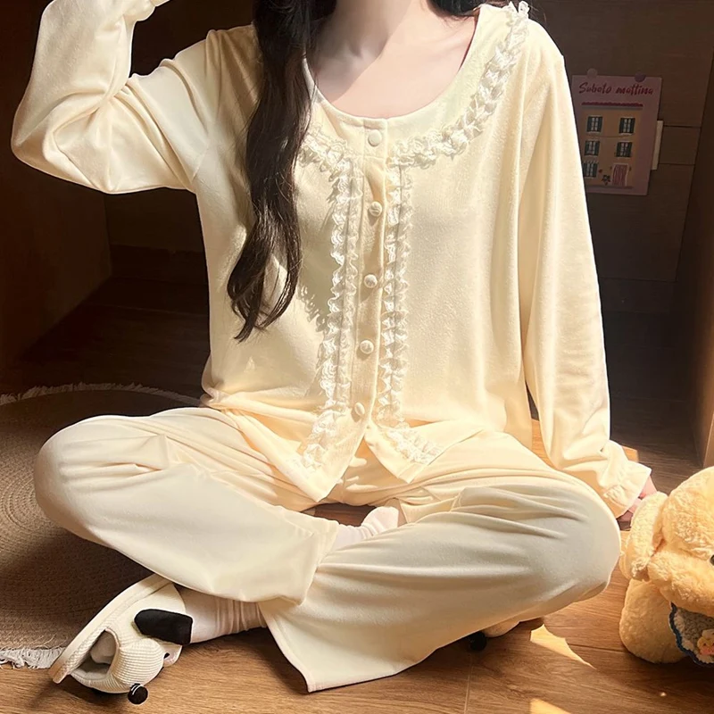 

Осень 2023, золотые бархатные пижамные комплекты с длинными рукавами для женщин, корейская милая кружевная одежда для сна, пижама Mujer, домашняя одежда, домашняя одежда