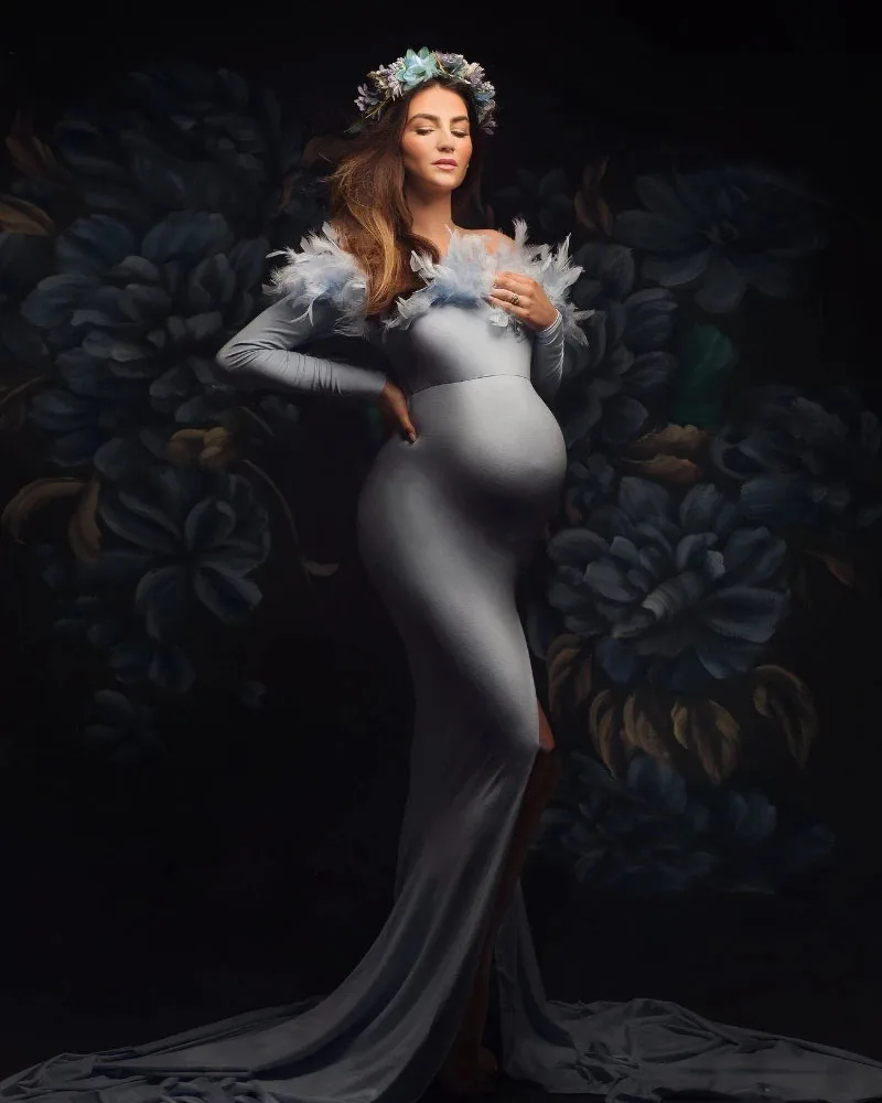 Elegant Mermaid Maternity Dresses with Feathers Off the Shoulder Stretch Slit Maternity Gowns Pregnancy Women Photography Dress