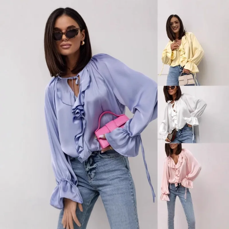 

Spring and summer collar tied ruffle edge shirt, loose flared sleeve women's shirt