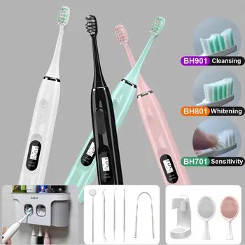 Sonic electric toothbrush rechargeable IPX7 dental tools toothpaste dispenser holder 3 brush heads gum care cleaning whitening