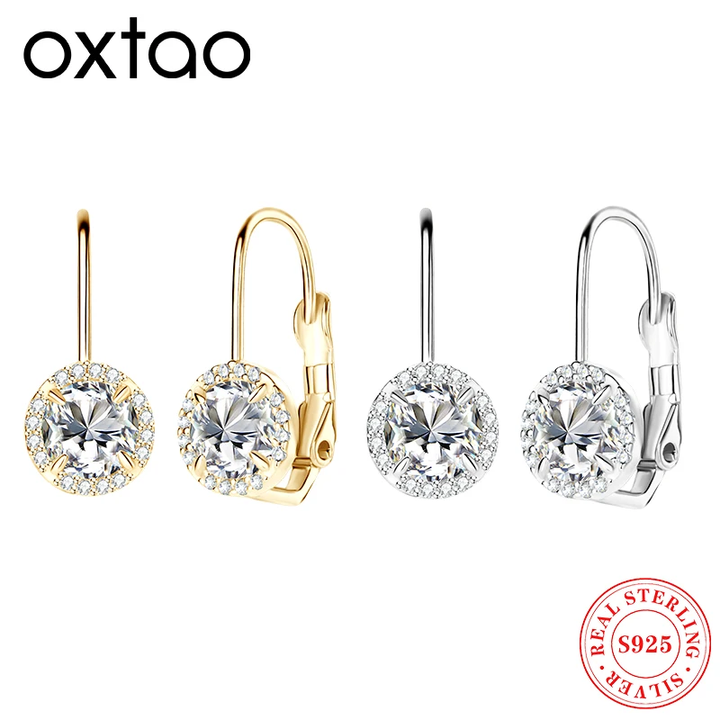 OXTAO 100% Huggie هوب القرط الفضة الحقيقية 925 6.5 مللي متر كامل مويسانيتي أقراط مشبكية مع شهادة 14K مجوهرات مطلية بالذهب هدية