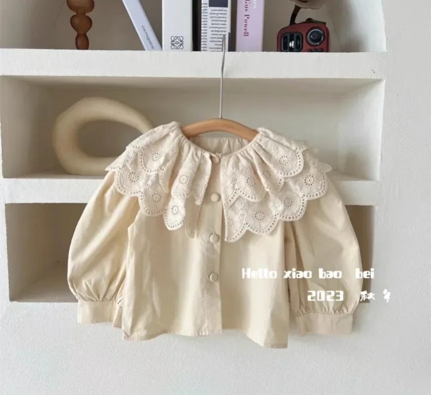 New Spring and Autumn New Girls\' Retro Foreigner Lace Shirt Children\'s Fashion Solid Color Long Sleeve Top Baby Shirt