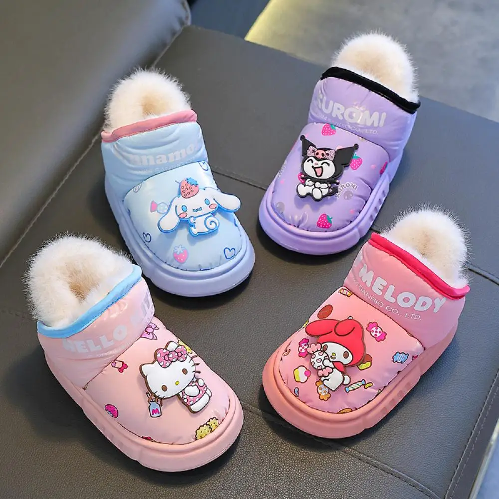 Kawaii Sanrioed Hello Kitty Kuromi Child Plush Slippers Anime Winter Cartoon Cotton Soft Bottom Anti Slip Warm Home Cotton Shoes