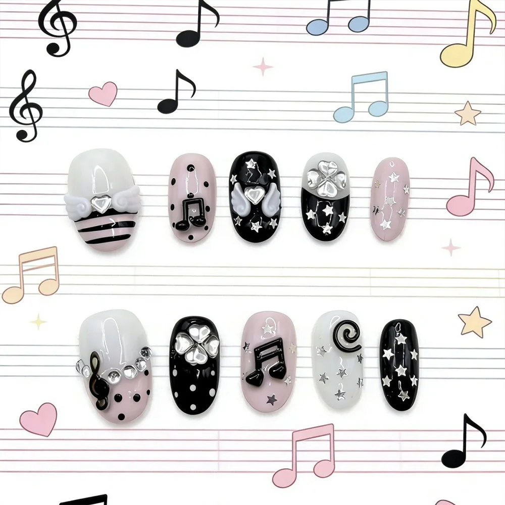 Cartoon Niedlicher Rosa Hase Dessert Liebesbär Ellipsen-Nagelkunst 3D Stern Schmetterling Knoten Flügel Punkt-Muster Künstliche Nägel Geburtstagsgeschenk – Detail 12