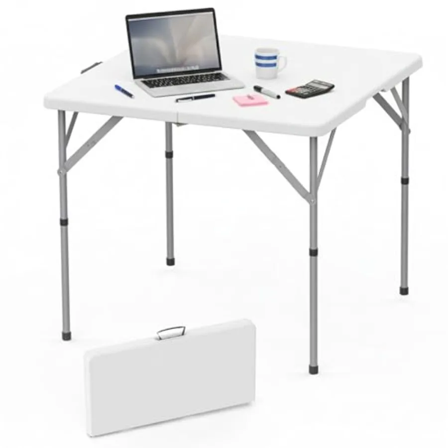 

34'' Square Folding Card Table, Fold-in-Half Portable Dining Table with Handle and Safety Lock, Foldable Plastic Dining Table I