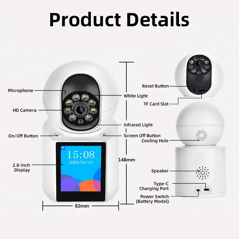 كاميرا KERUI 1080P 2.0MP HD PTZ WIFI IP مكالمات فيديو مع شاشة IPS 2.8 بوصة مراقبة أمن الوطن مراقبة الطفل Icsee