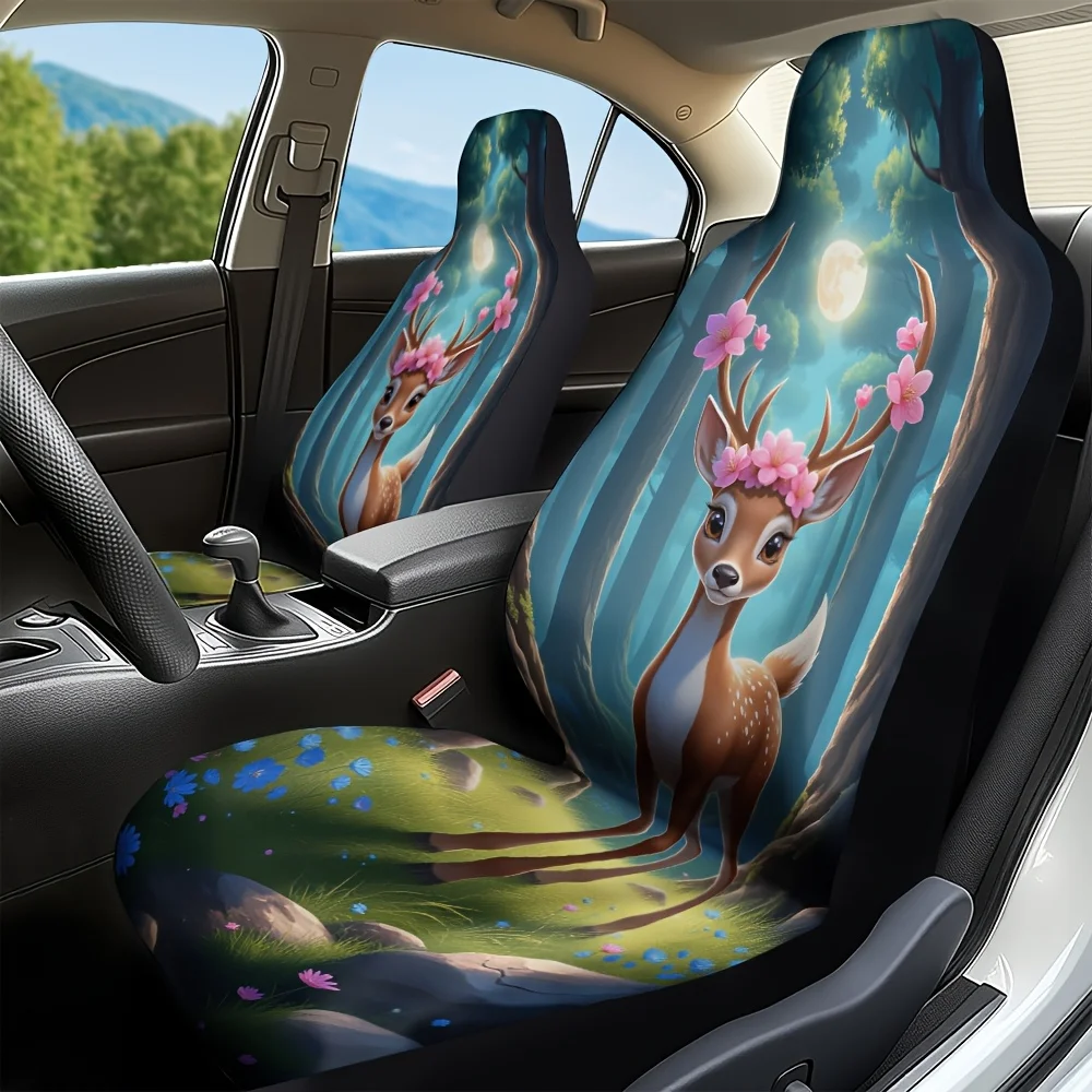 2pcs, Fantasy Deer Flower Print Universal Auto Front Seats Covers, Car Seat Covers For Women And Men, Fits SUV, Sedan, Truck, So