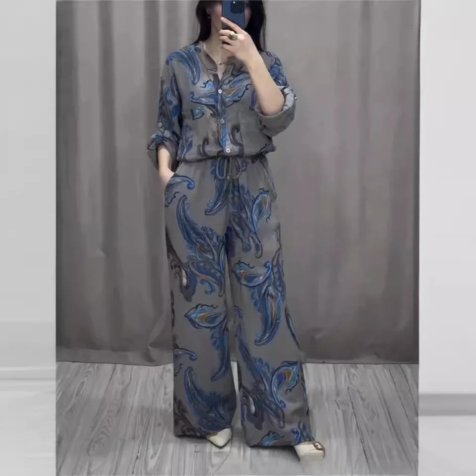 

Women Casual Outfits Two Piece Sets Blouse Print Top Single Breasted Pockets Wide Leg Pants Suit Drawstring Trousers Suits