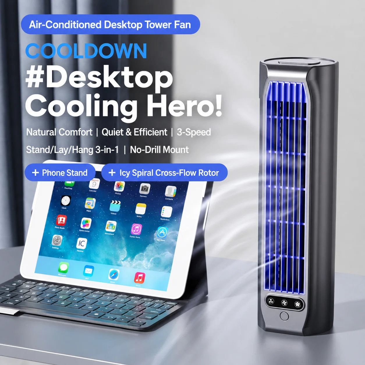Wall Mounted Tower Fan 3 Adjustable Speeds Multi-Use Cooling Fan For Bedroom Office Home Car Camping image 3