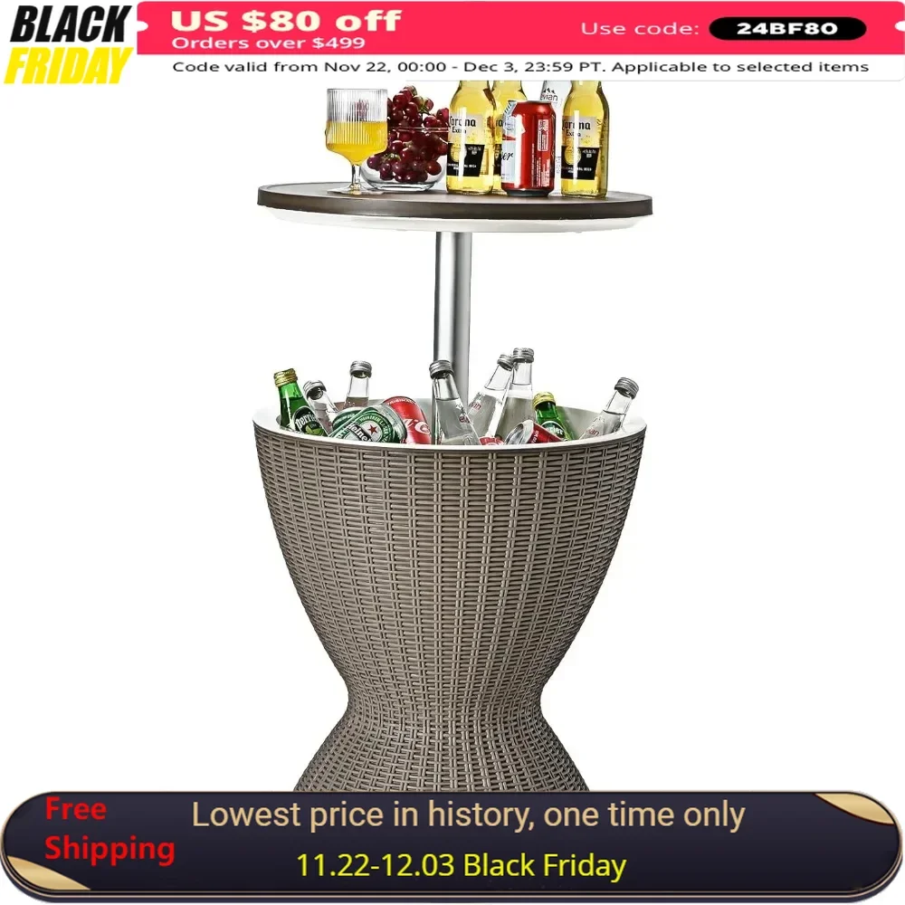 8 Gallon Party Ice Cooler Table, Drainage Plug, Height Adjustable, Rattan Style Beer and Wine Coolers, 3-in-1 Ice Cooler Table