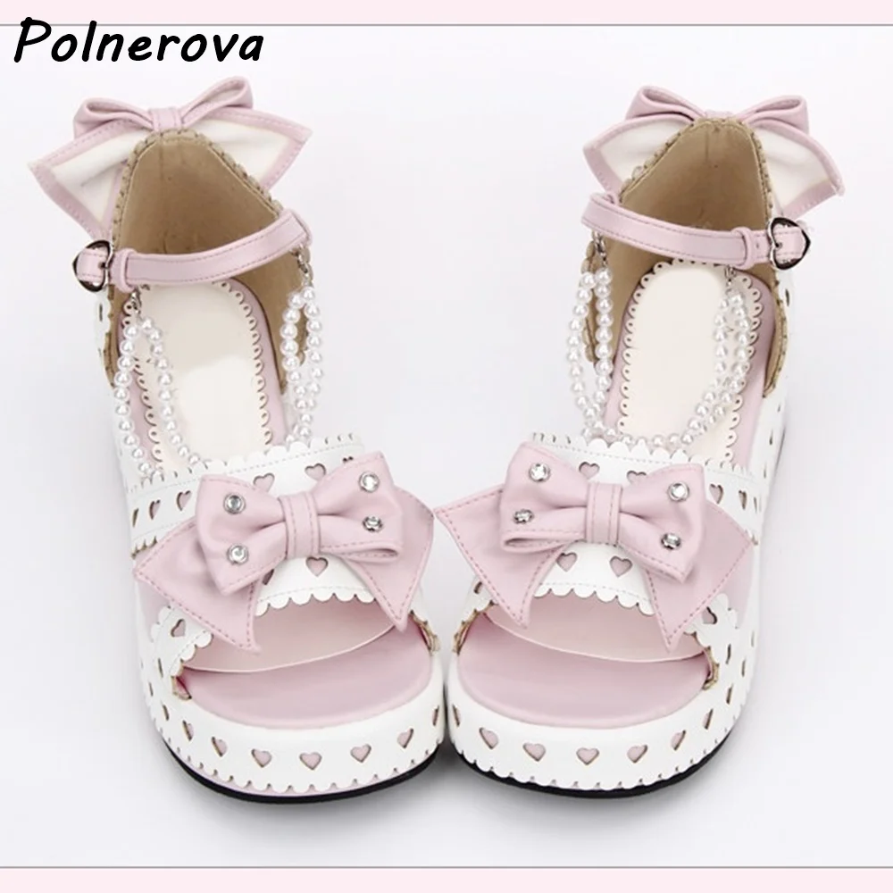 Sweet Lolita Bow Pearl Wedge Sandals Heart Cutout Platform Ankle Strap Open Toe Casual Shoes Patchwork Lovely Summer Dress Shoes