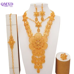 Fashion Wedding Jewelry Set Dubai Ethiopian Gold Color Jewelry Set African Chokers Necklace Earrings Ring Set Bridal Party Gifts
