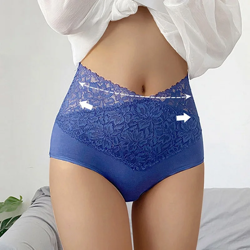 High Waist Large Size  Lace Cotton Panties Sexy V-shaped Women's Underwear Autumn Hips Slimming Sexy Lace Female Panties 2023