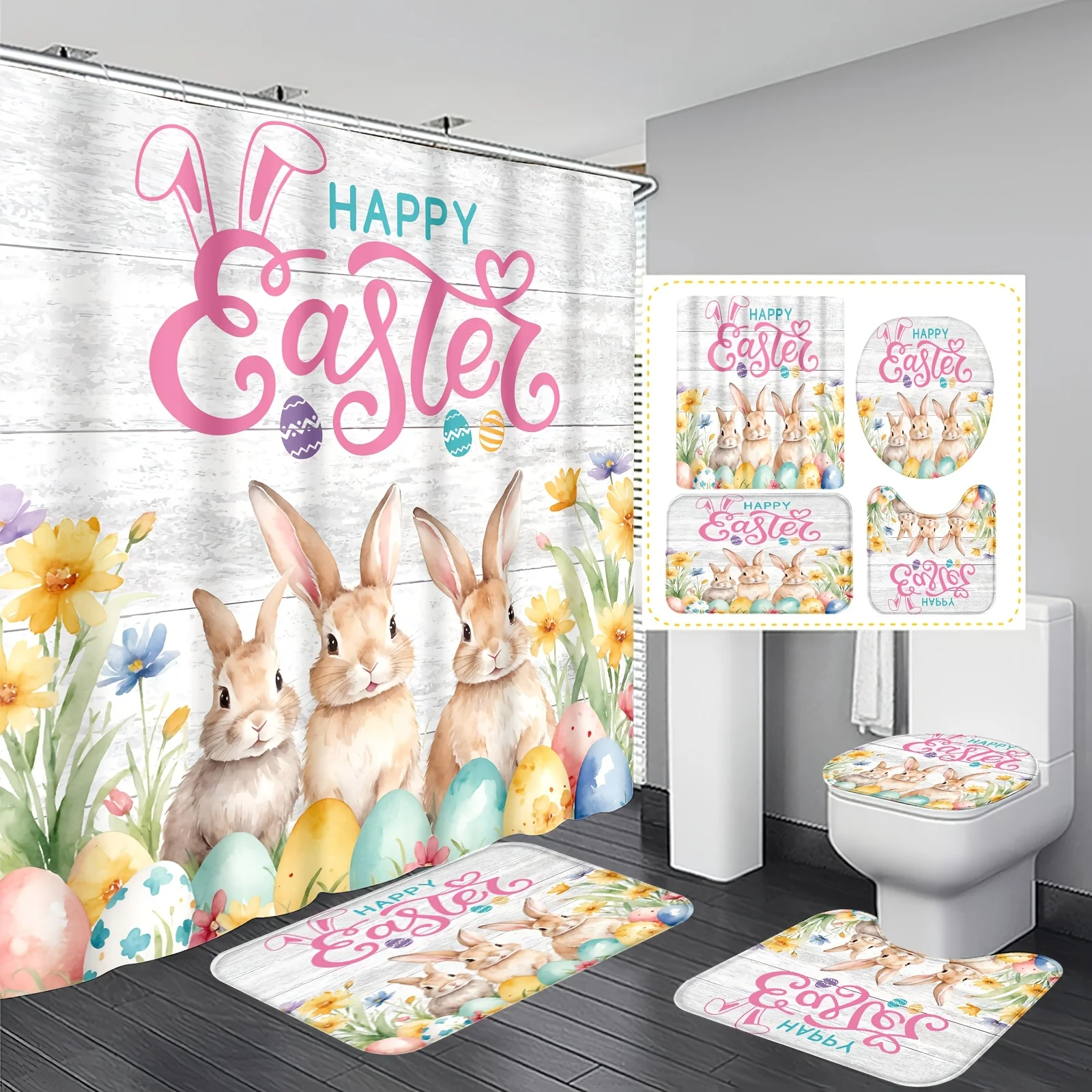 

4pc Easter Bunny & Egg Print Bath Curtain Set - Includes Bath Mat, U-Shaped Floor Mat & Round Toilet Lid Cover