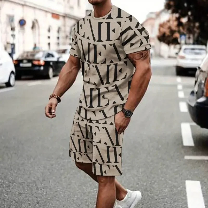 

Spring and summer men's casual 3D printed hot shorts and T-shirt set - short sleeve, round neck regular fit, stretchy fabric lei