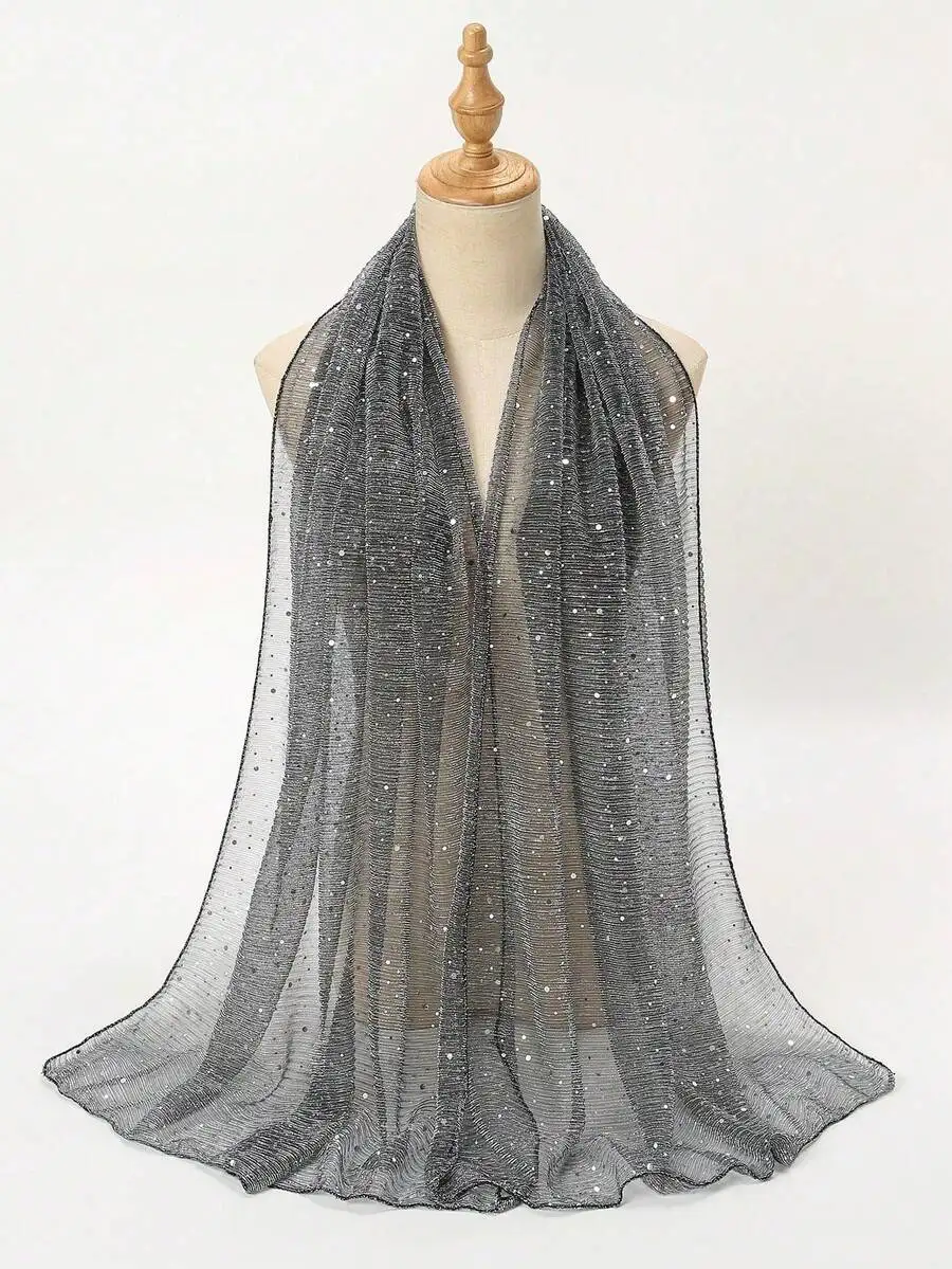 1pc Lightweight Breathable Fashion Sequin Headscarf Solid Color Gauze Scarf Sequin Shawl For Women