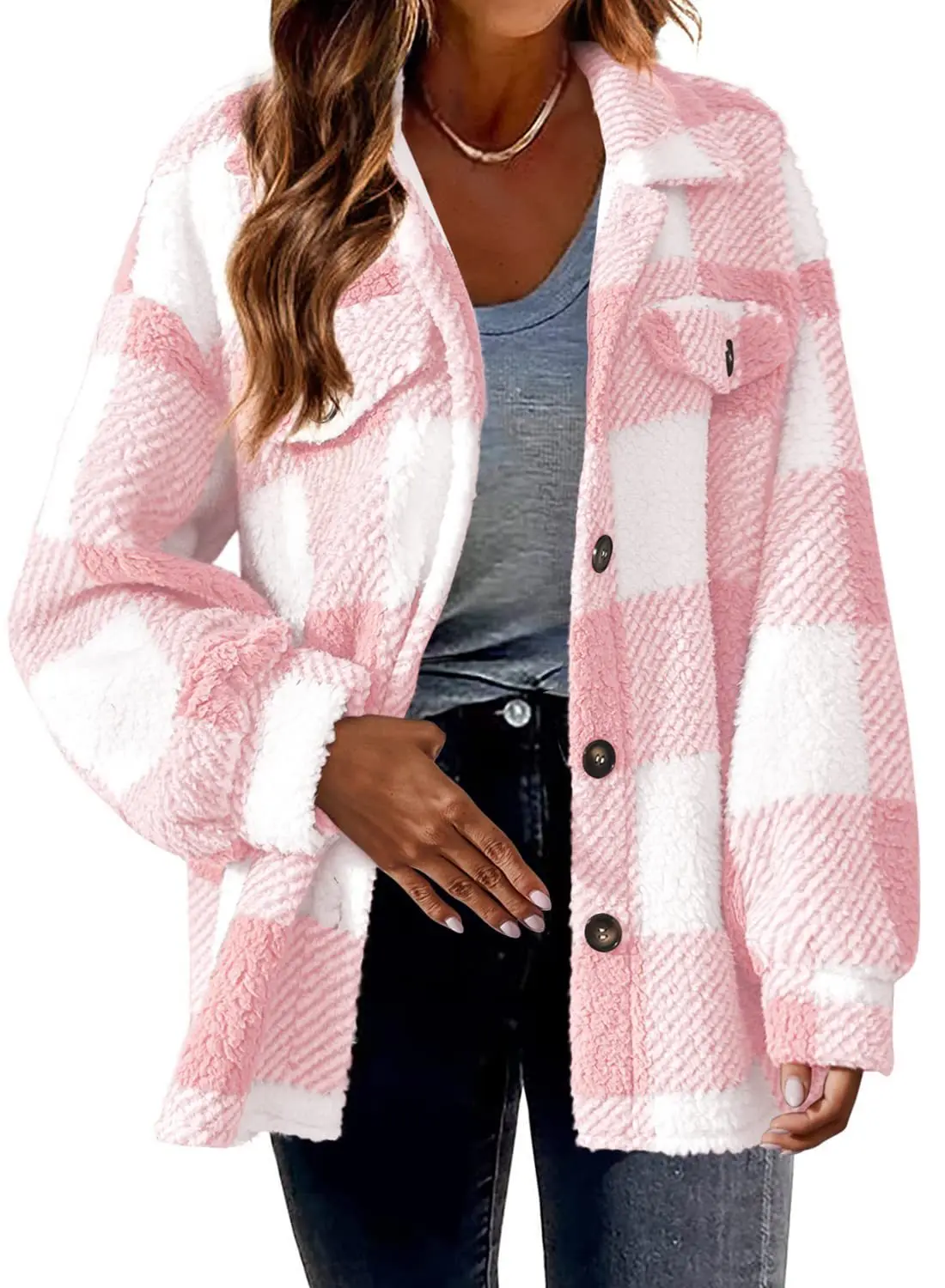 Women Autumn Winter Plaid Fleece Shacket Lapel Collar Button Down Long Sleeve Pockets Loose Warm Teddy Jacket Coat
