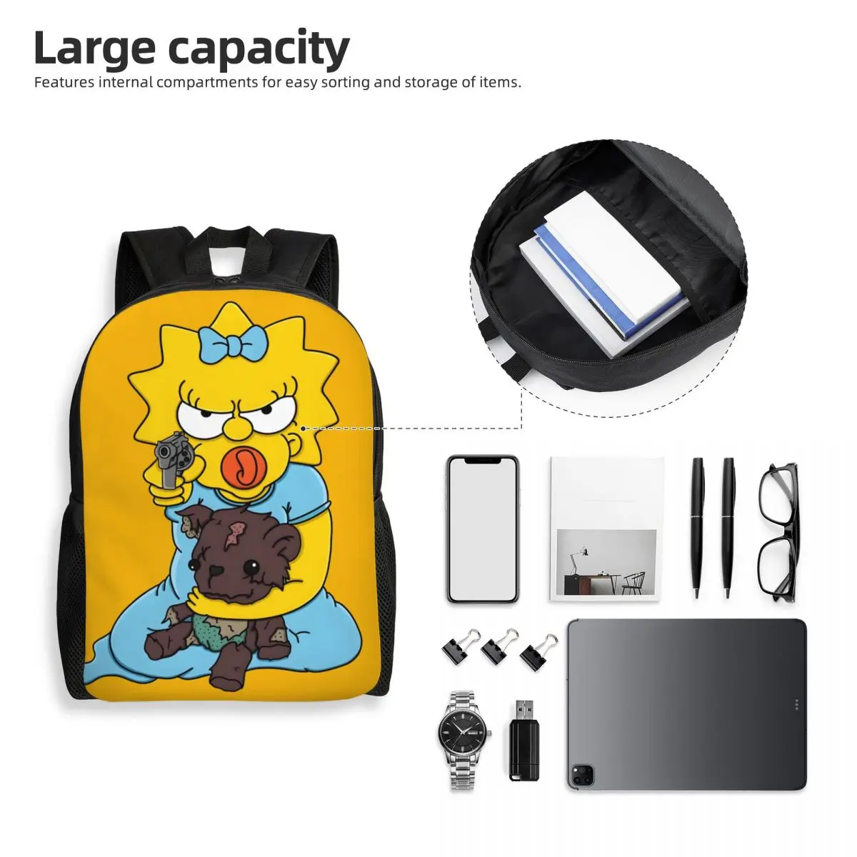 Custom Maggie Simpsons กับปืนกระเป๋าเป้สะพายหลังสําหรับชายหญิงนักเรียนโรงเรียน Bookbag เหมาะกับแล็ปท็อปขนาด 15 นิ้วกระเป๋าการ์ตูนตลก