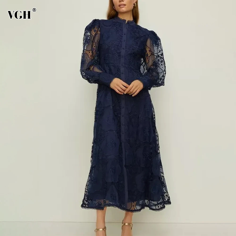 

VGH Solid Hollow Out Patchwork Lace Dresses For Women Round Neck Lantern Sleeve High Waist Spliced Button Long Dress Female New