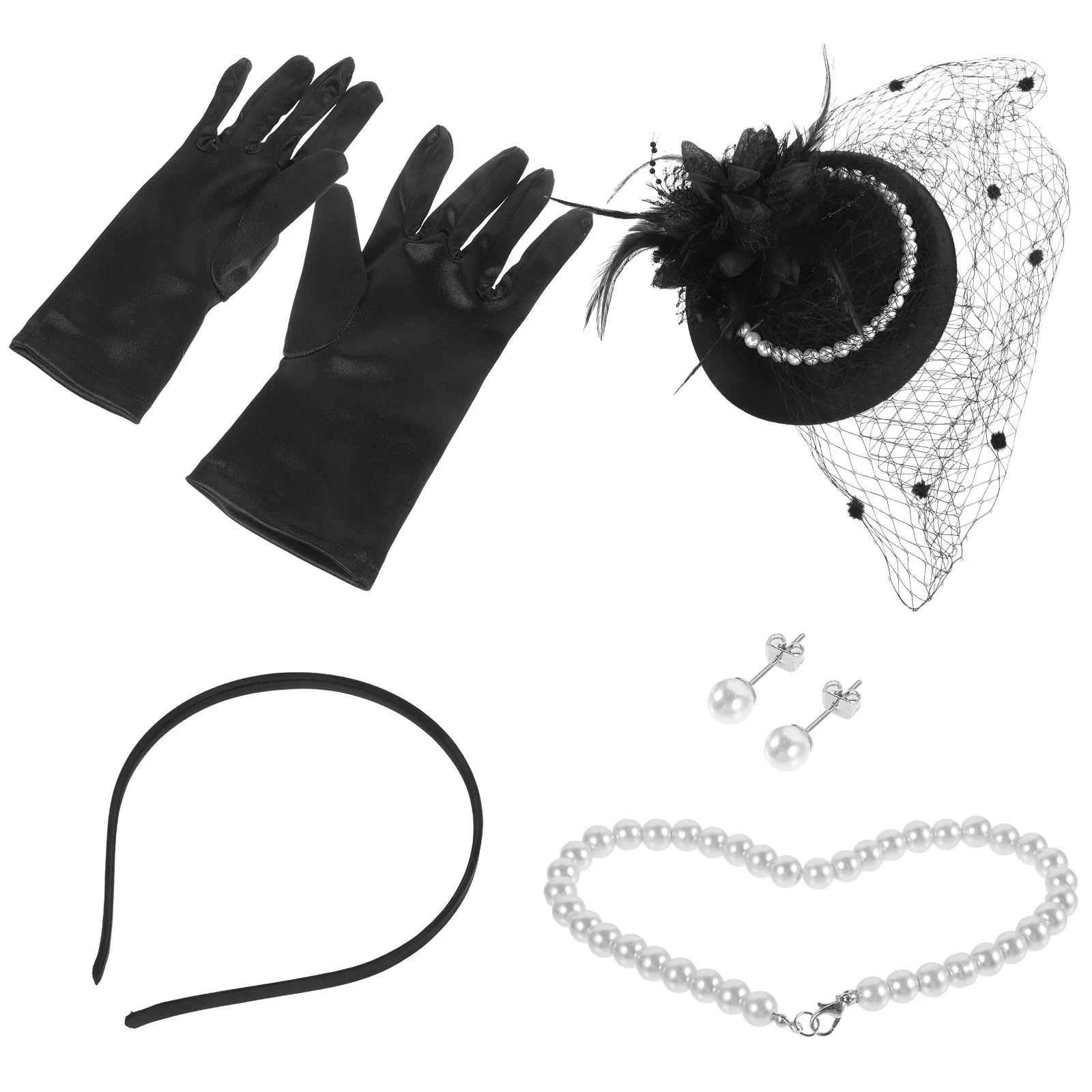 

1Set Pearl Tea Party Fascinators Jewelry Set Women Hat Gloves Necklace Earrings Elegant Wedding Cocktail Accessories