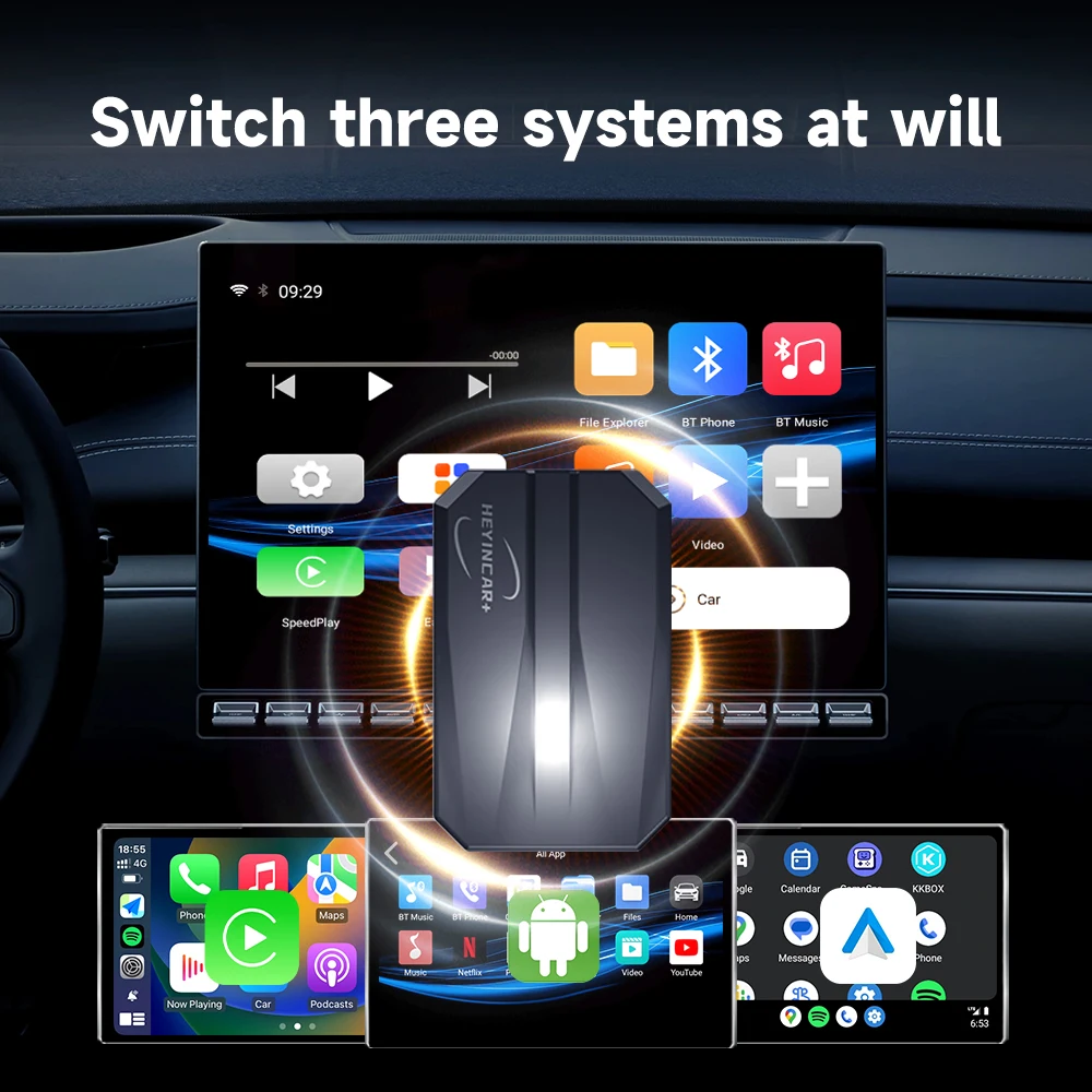 2025 HEYINCAR android 3in1 Smart Ai Box sans fil Carplay & android Auto pour voitures avec Carplay filaire intégré Netflix IPTV Spotify