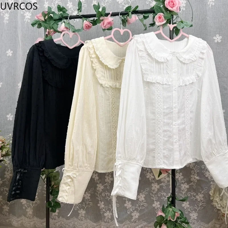 Japanese Kawaii Girl Sweet Lolita Blouse Women Cute Peter Pan Collar Gigot Sleeve Shirts Preppy Style Y2k JK Loose Blusas Mujer