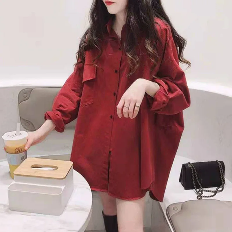 Casual Pure Color irt Jaet plus Size Donna Lungo Sve Colletto rovesciato con bottoni Top di media lunghezza Design ket grande