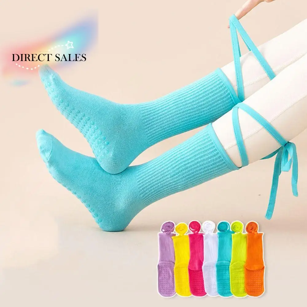 

Fashion Silicone Dots Lace-up Yoga Socks Cotton Mid-calf Pilates Socks Women Breathable Candy Color Mid Length Socks Lady