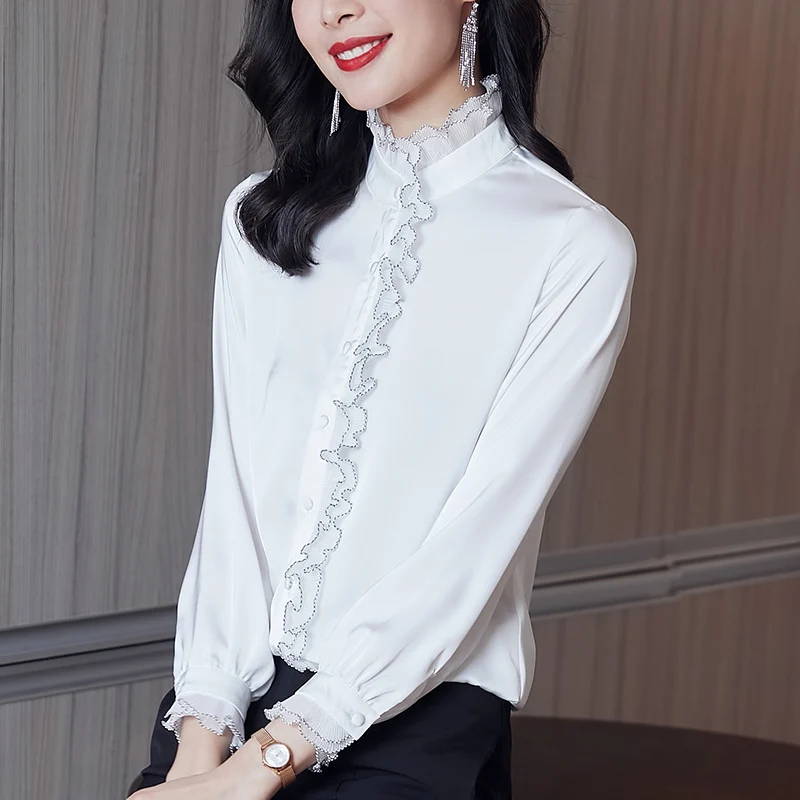 Camisa de manga larga para mujer, cuello de pie versátil, borde de oreja de madera, Top de moda y elegante, primavera y otoño, nuevo