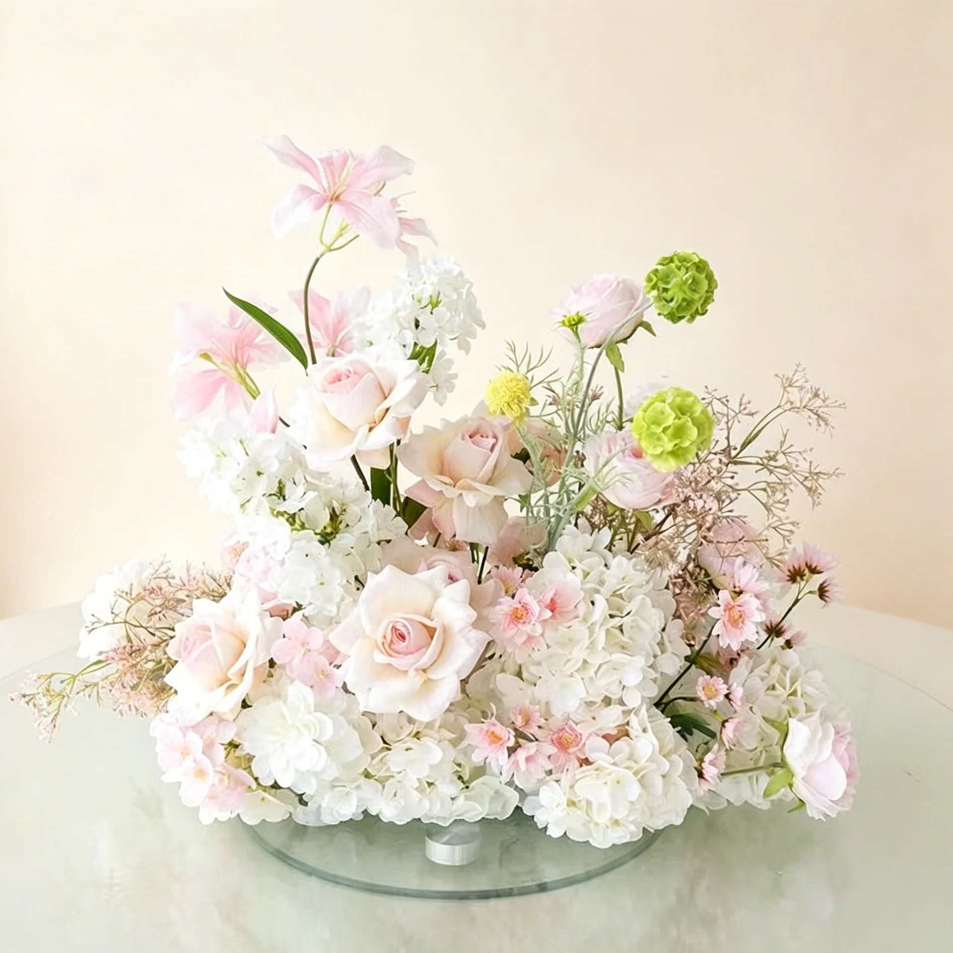 Grüne Pflanzen, Rosen, Hortensien, Künstliche Blumenreihe, Luxuriöse Hochzeitstisch-Mittelstücke, Blumen-Hintergrund-Dekoration, Party-Bühnen-Blumendekoration – Detail 1