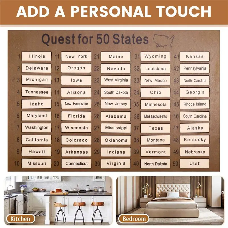 Y50A-New Wooden Visit 50 States Countdown Travel Plan Home Decor Gift Travel Complete List Ornament Travel Tracker Board