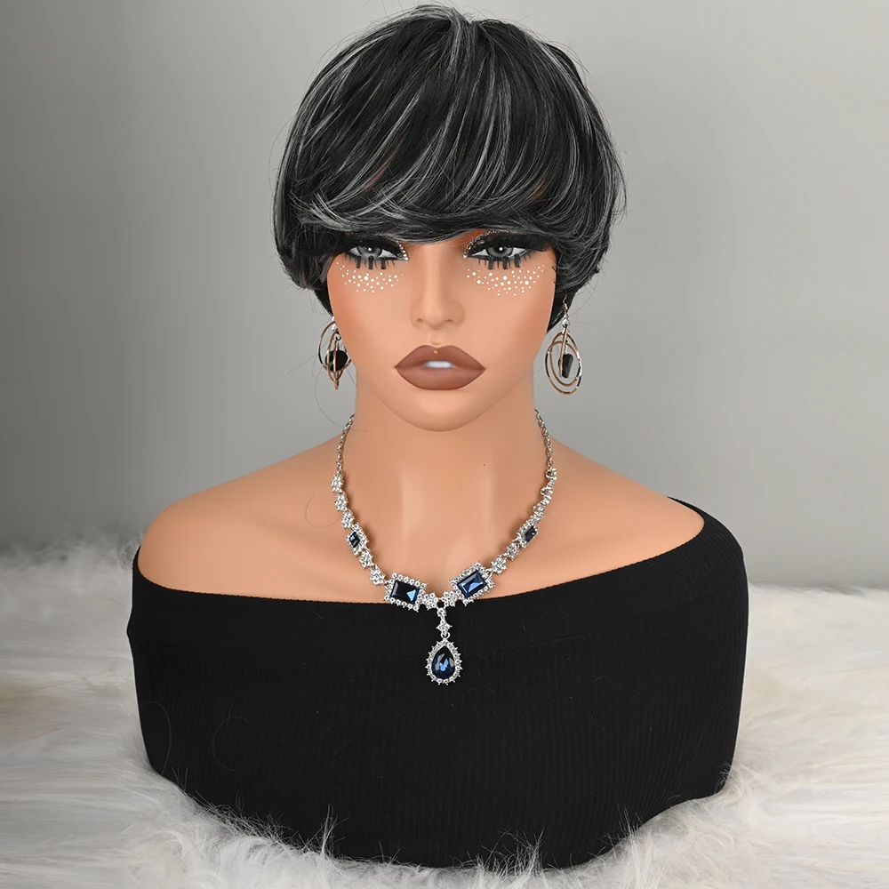 Black With Silver Highlights Short Pixie Wig with Bangs Synthetic Fiber Machine Made Full Wigs for Women Natural Looking Wig for Daily Party Cosplay Costume