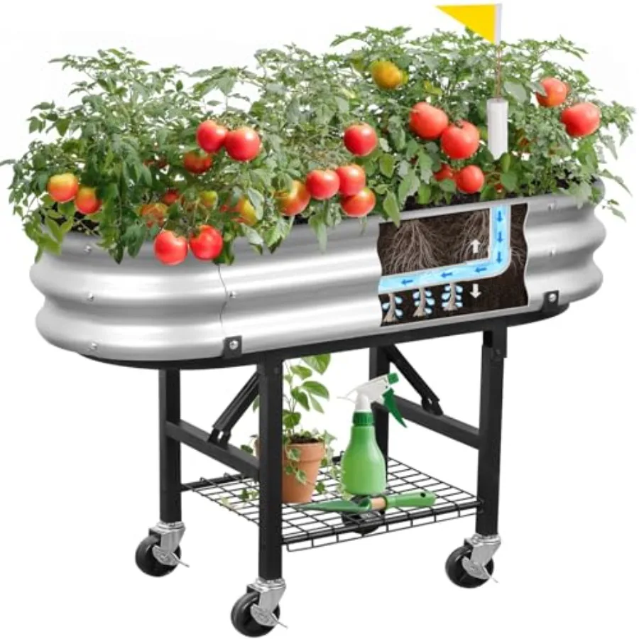 

Self-Watering Raised Garden Bed with Legs and Heavy Duty Wheels, Easy-Install Planter Box with Foldable Stand, Galvanized Metal