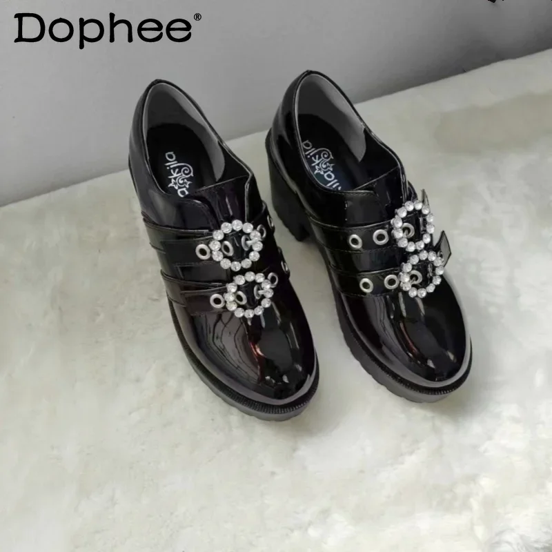 

Japanese Mine Series Round Drill Buckle JK Patent Leather Shoes Ladies Mass-Produced Platform High Heels Uniform Women's Shoes