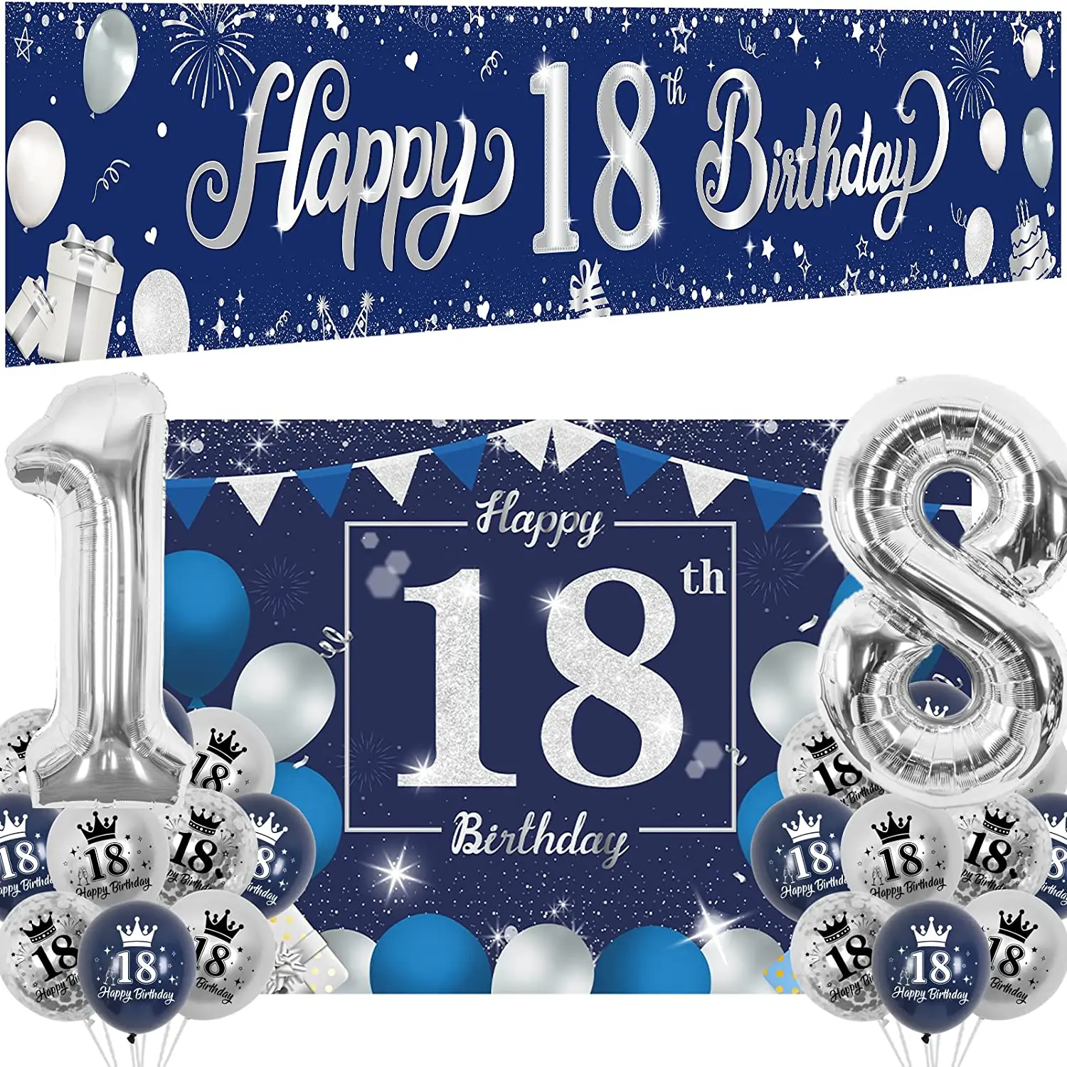 

JOYMEMO Happy 18th Birthday Party Decorations for Boys Girls Navy Blue Happy 18th Birthday Backdrop Banner 18 Balloons Supplies