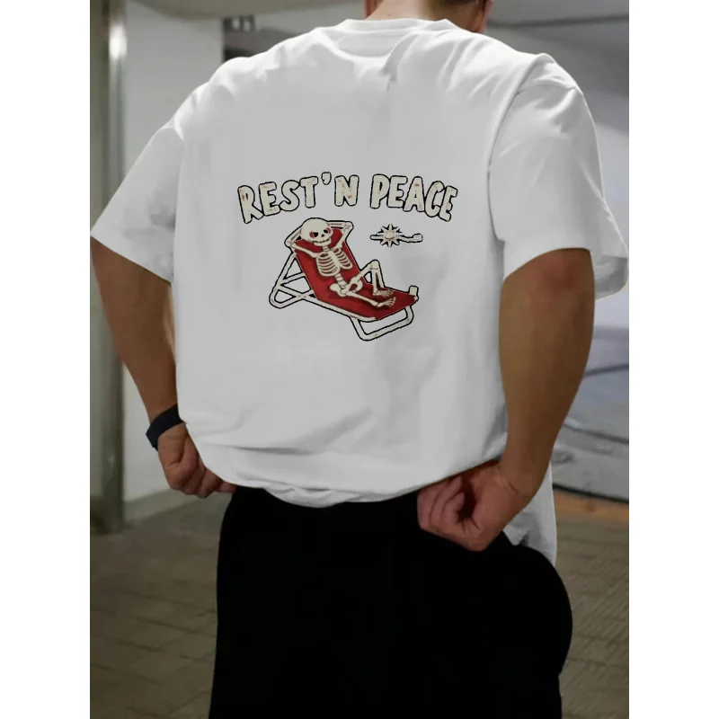تي شيرت رجالي أبيض من Rest N Peace Skeleton Sunbathing مطبوع عالي الجودة من القطن 180 جرام