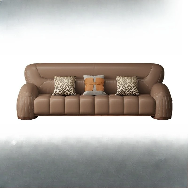 

New Chinese black walnut solid wood real cowhide straight row sofa combination modern and simple