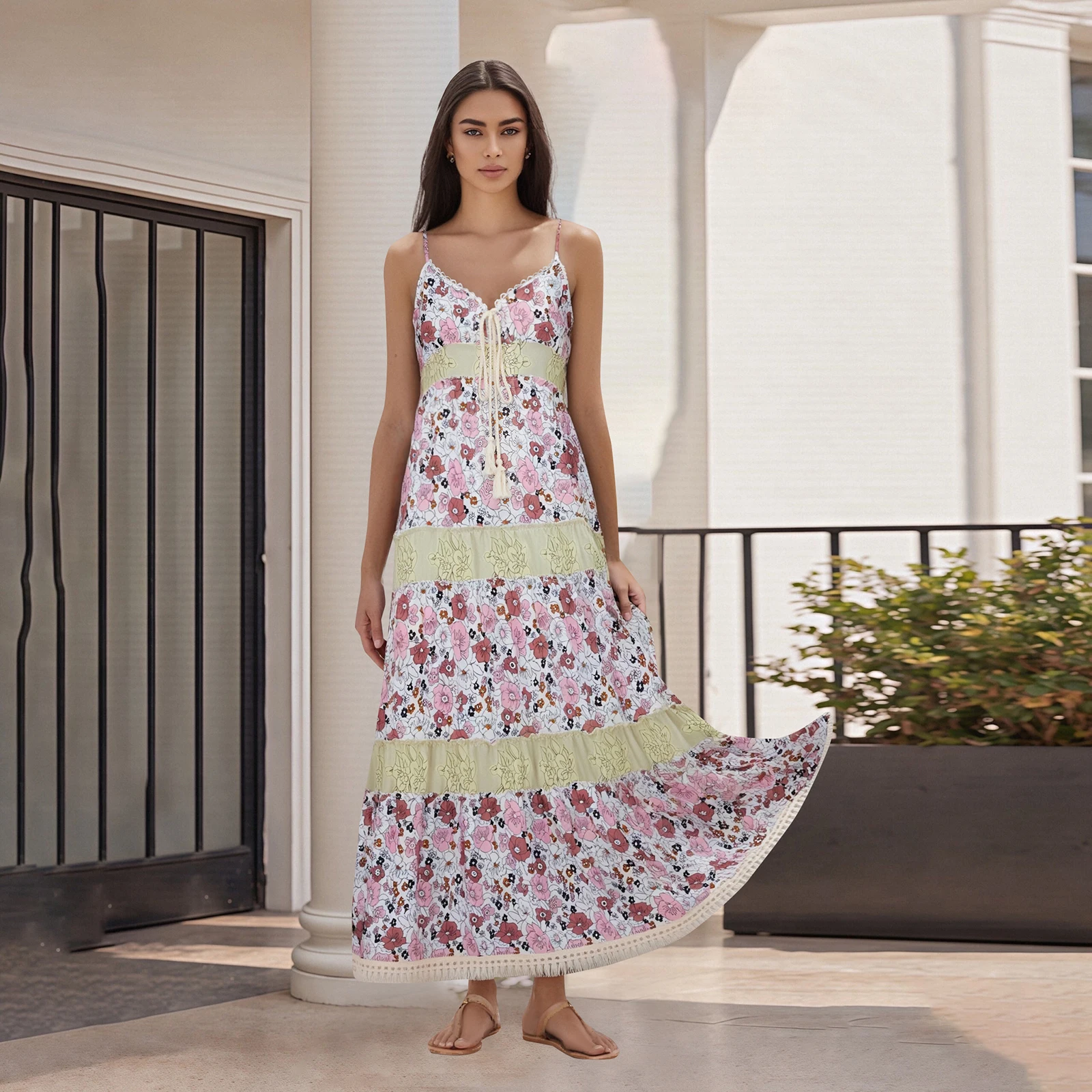 Women Floral Long Cami Dress Tie-up Tassel Deep V Neck Spaghetti Strap Backless Tiered Dress for Daily Party