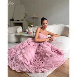 Mila Pink Strapless Boll Gown Prom Dress 3D Flower Tra-length New In Dresses Homecoming Tiered Ruffle Customized Evening Dresses
