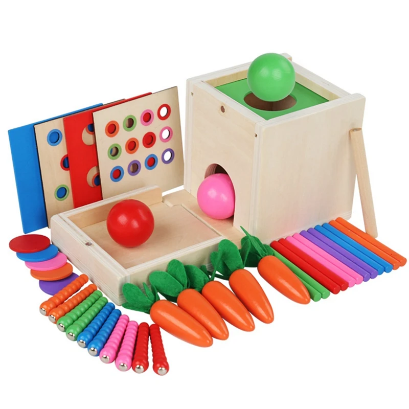 6-In-1 Wooden Montessori Toy Kit Object Permanence Box Play Set With Coin Box Carrot Harvest Shape Sorter Ball Drop Toy