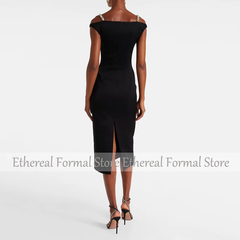 Vestido de noche negro para mujer, vestido de fiesta Formal hasta el té, tirantes con cuentas, sin mangas, vestido saudí con abertura, vestido de graduación