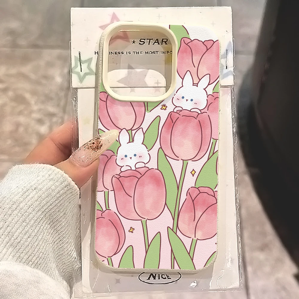 Rosa Tulpe Weißer Hase Handyhülle für iPhone 17 16 15 14 13 12 Pro Max 16 15 14 Plus 17 16 15 14 Pro 17Air Silikon Matte Hülle – Detail 1